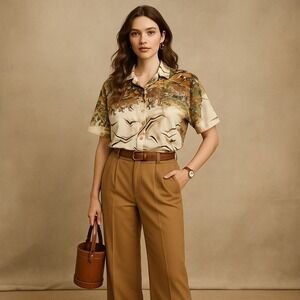 Denim Republic Safari Shirt Womens M Cream Tiger‎ Jungle Y2K Jungle Statement